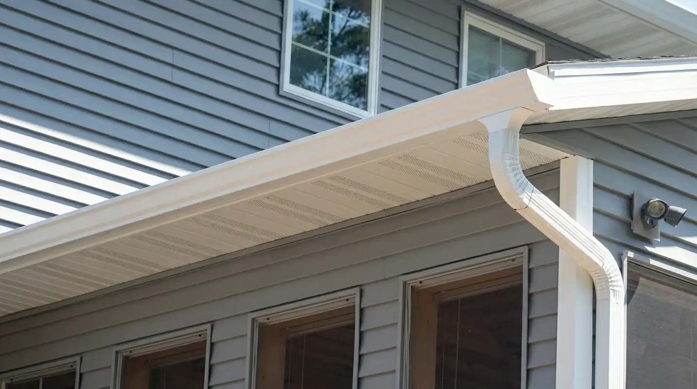 Professional home remodeling project showing newly installed white seamless gutters and downspouts on a house with gray siding in Nashua, NH