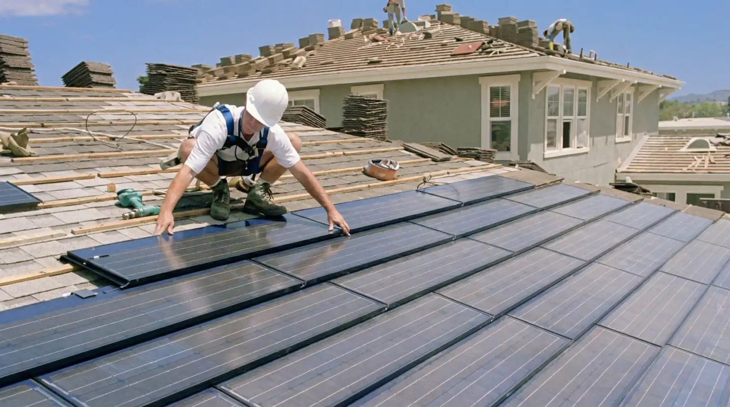 Roof replacement expert installing modern solar shingles on a residential home in Nashua, NH