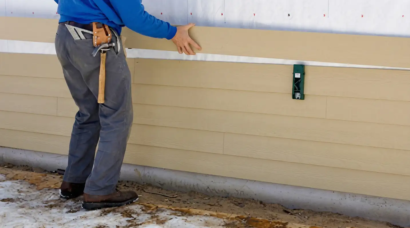 Siding replacement expert carefully aligning a new tan siding panel onto a residential exterior wall in Nashua, NH