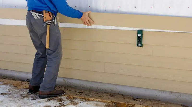 Siding replacement expert carefully aligning a new tan siding panel onto a residential exterior wall in Nashua, NH