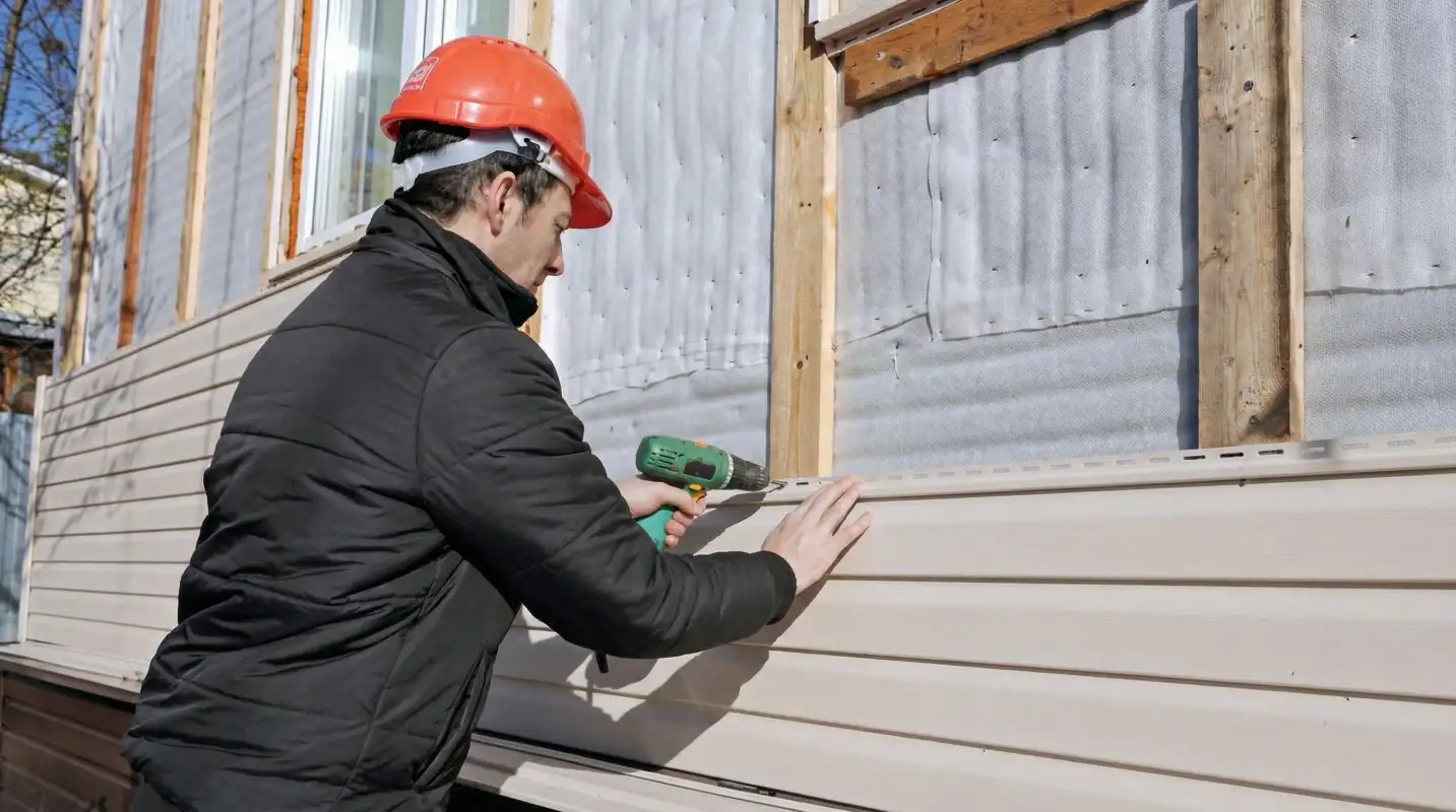 Siding replacement professional using a power drill to install new tan vinyl siding on a home exterior in Nashua, NH