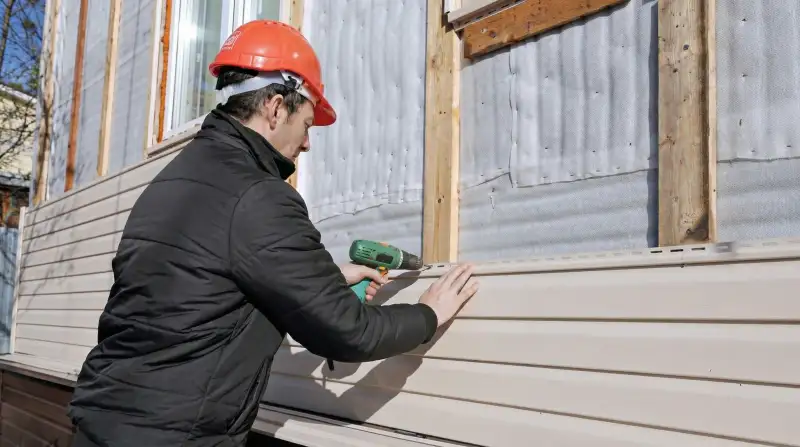 Siding replacement professional using a power drill to install new tan vinyl siding on a home exterior in Nashua, NH