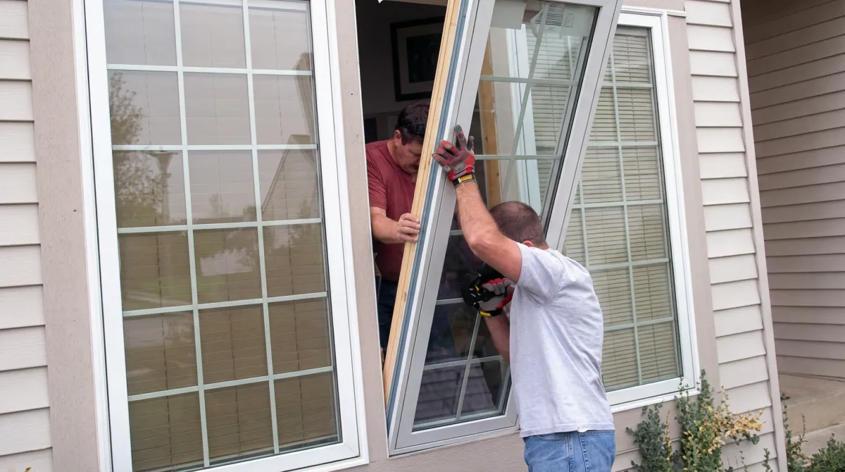 Professional home remodeling team installing a large replacement window on a house with tan siding in Nashua, NH