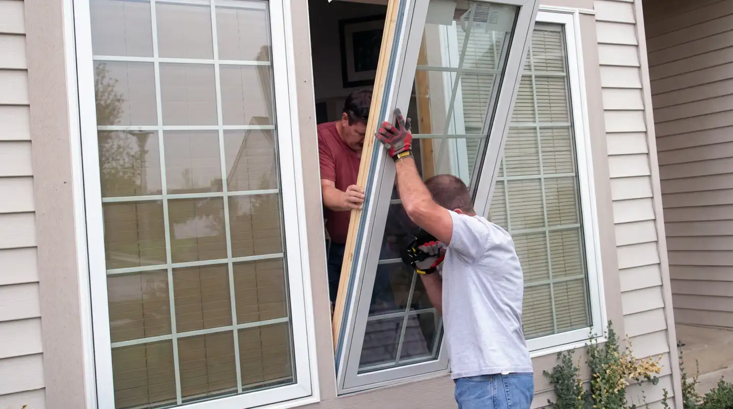 Professional home remodeling team installing a large replacement window on a house with tan siding in Nashua, NH